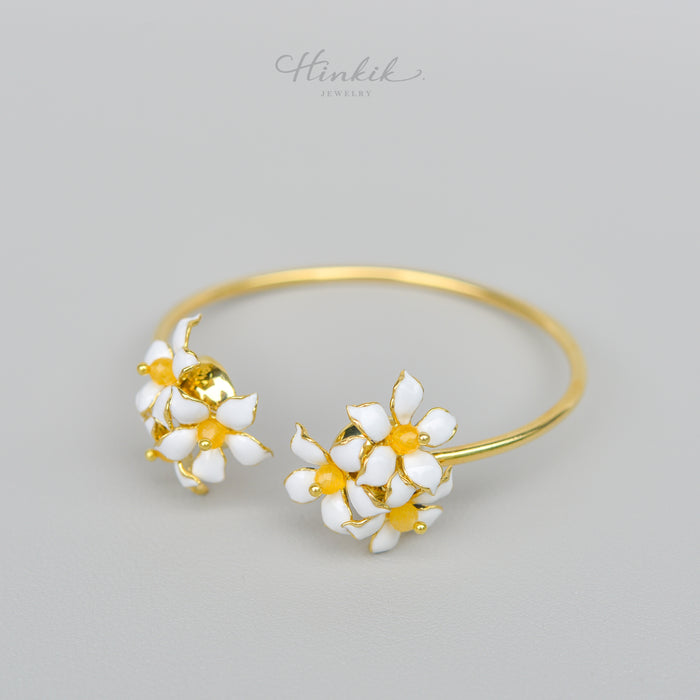 White Enamel Orange Jasmine Flower Cuff Bracelet - Handmade by Hinkik Jewelry