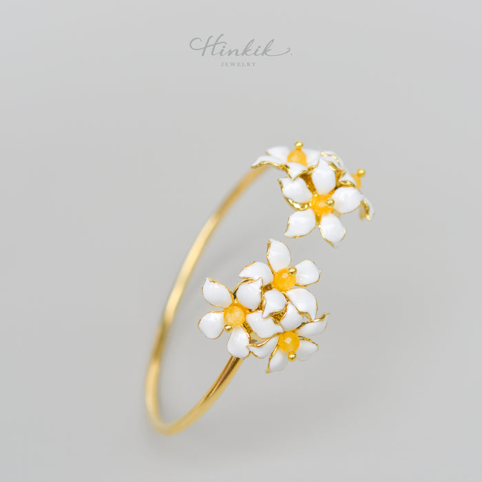 White Enamel Orange Jasmine Flower Cuff Bracelet - Handmade by Hinkik Jewelry