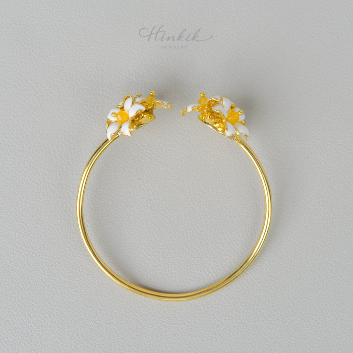 White Enamel Orange Jasmine Flower Cuff Bracelet - Handmade by Hinkik Jewelry